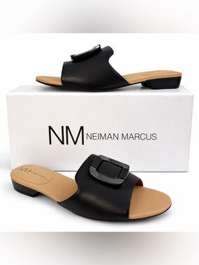 Neiman Marcus Black Leather Slide Sandals Buckle NIB Size 7.5